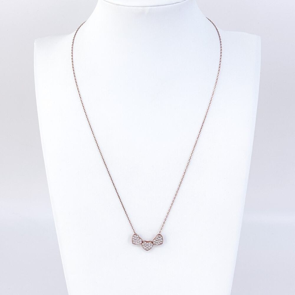 Vintage Sterling Silver Rose Gold-Tone Triple Heart Cubic Zirconia Necklace 18"